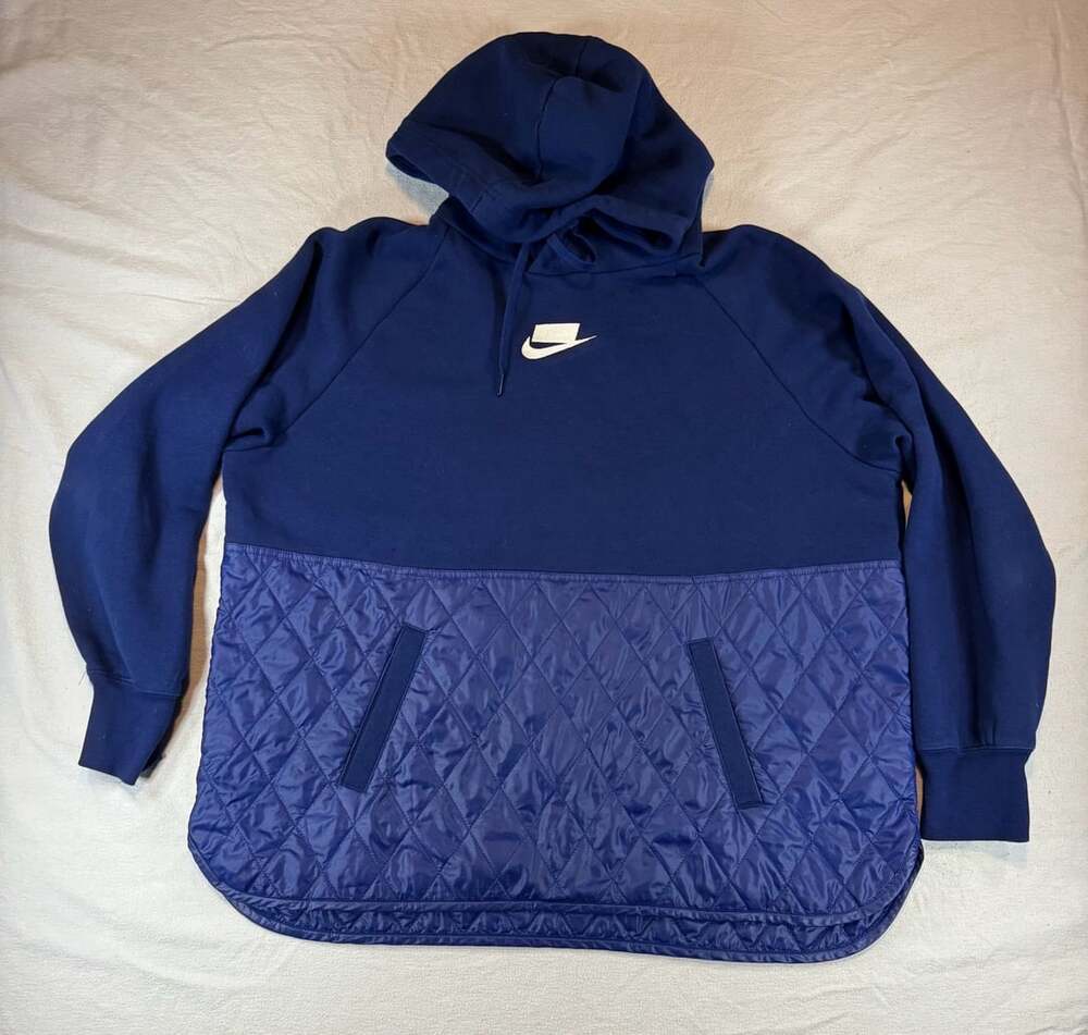 Nike NSW Fleece Quilted Hoodie Size L Blue Pullover Sweatshirt